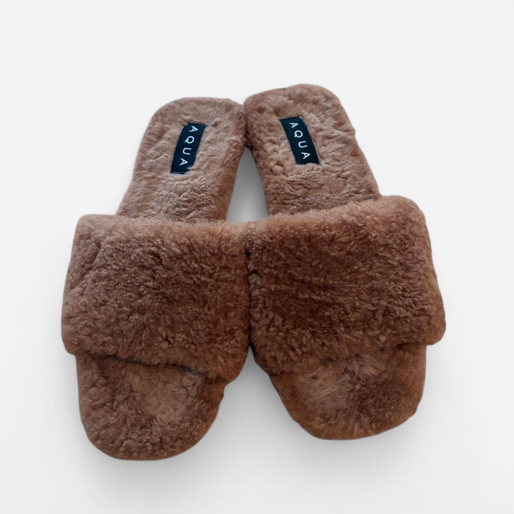 Aqua brown real fur teddy slides women's size 8 Quiet Luxury Old Money Mob wife